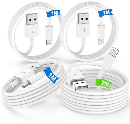 QZVOO 4Pezzi Cavo iPhone[Certificato MFi], 1M+1M+1M+2M Cavo Lightning, iPhone Carica Rapida Filo con iPhone 14 13 12 11 Pro Max/Pro,X/XS/8/7/6Plus/SE/XR/iPad, Cavo USB to Lightning Originale