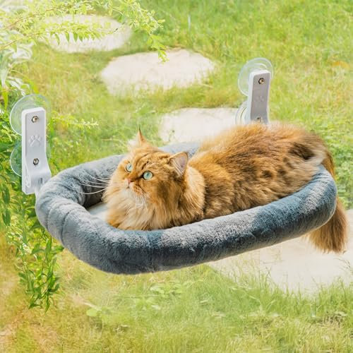 MEWOOFUN Grand hamac Chat fenetre avec Housse épaisse Amovible - 60x36cm Pliable hamac fenetre pour Chat, Robuste lit fenetre Chat avec 4 ventouses puissantes jusqu'à 18kg,Gris