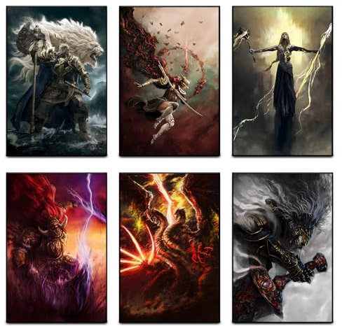 Elden Ring Posters (set of 6), Malenia, Radagon und Godfrey,Radahn und Maliketh,Lichdragon Fortissax Leinwand Poster, Game Schlafzimmer Dekoration Geschenk,Kein Rahmen Style 08x12inch(20x30cm)
