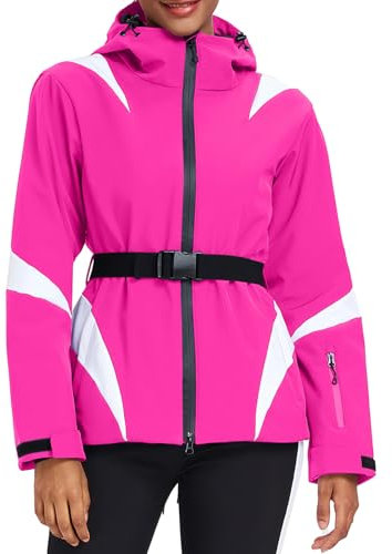 HOTIAN Damen Winterjacke Skijacke Wasserdicht Winddicht Warm Snowboardjacke mit Kapuze Atmungsaktiv Schneejacke Outdoor Kapuzen Windbreaker mit Hüftgürtel Rose L