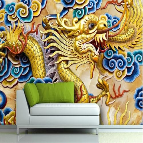 Kitquiver 3D Oriental Golden Dragon Mural Wallpaper 3D Fantasy Animals 3D Photo Wallpaper Mural Living Room Bedroom Ceiling Background Decoration Painting 400x280cm
