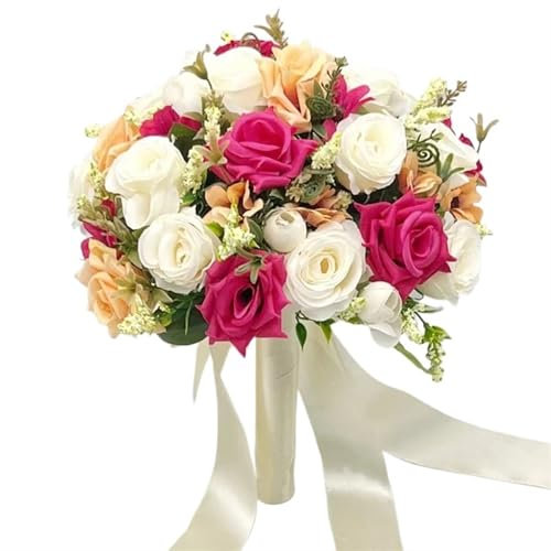 OZLCUA Hochzeitsstrauß Blumen halten Künstliche Natürliche Rose Hochzeit Bouquet Mit Seide Satin Band Rosa Weiß Champagner Brautjungfer Braut Party Brautstrauß(Colorful)
