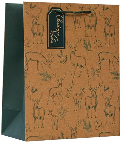 Design By Violet Brown Kraft Paper Christmas Wishes Forest Reindeer and Stag Gift Bag with Tag - Large Eco Friendly Gift Wrap for Xmas