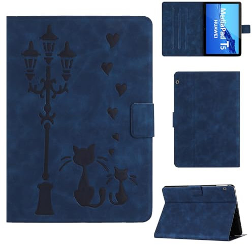 Rosbtib Custodia per Huawei Mediapad T5 10.1 2018 AGS2-W09/W19/L09 Custodia protettiva in ecopelle con supporto, stampa di una coppia di gatti sotto il lampione, per Huawei Mediapad T5, Blu