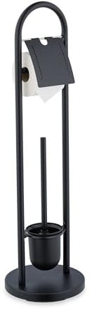 Relaxdays Toilet Roll Holder and Brush Set, Stainless Steel, HxD 79 x 22 cm, Freestanding Bathroom Paper Stand, Black, Foam, Plastic