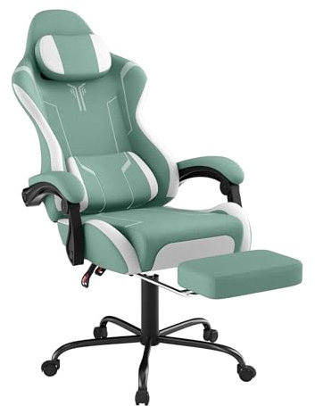 Suusolny Silla de gaming con masaje de vibración y reposapiés, silla ergonómica con cojín, reposabrazos, silla de oficina, hasta 135 kg, altura regulable, color verde