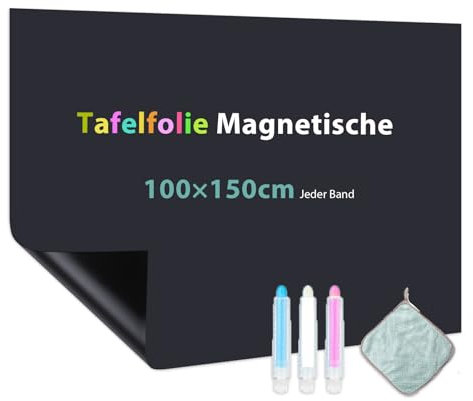 Warasee Tafelfolie Magnetisch Selbstklebend, 100 * 150cm Magnetfolie Selbstklebend Schwarz, Abwischbar Kreidefolie, Magnettafel für glatten Oberflächen in Schule Büro Haus, mit Kreidemarkern & Tuche
