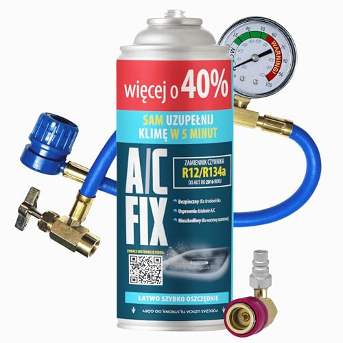 A/C FIX Recambio gas sustituto R134a sustituto R12 con manguera y adaptador - manometro – Kit recarga aire acondicionado coche 1x235 g - Sustituto del refrigerante - Gas aire acondicionado coche - ECO