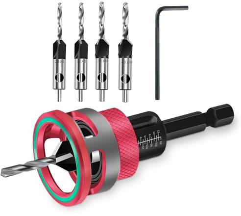 Juego de 6 brocas avellanadas con tope de profundidad ajustable y llave en forma de L, perfecto para proyectos de madera, plástico y carpintería (rojo)