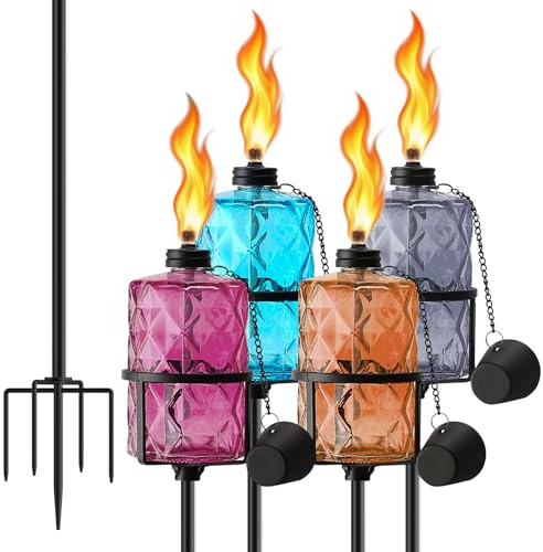 SNOGSWOG Citronella-Fackeln aus Glas, 340 ml, Outdoor-Gartenfackel mit 5 Zinken, Erdspieß, 150 cm, Glasfackel für Heimdekoration, Außenfackeln für Hinterhof, Garten, Terrasse, mehrfarbig, 4 Stück