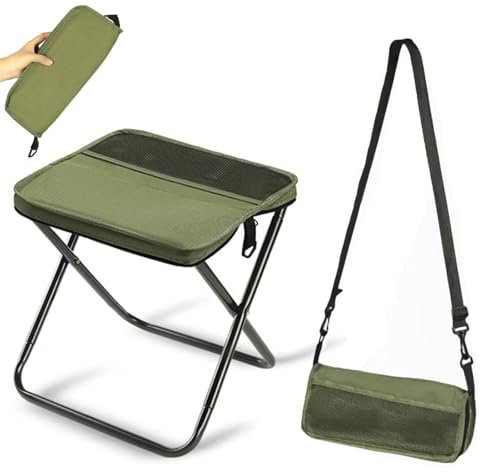 Sgabello pieghevole portatile con tracolla regolabile, mini sgabello da campeggio per esterni, con borsa portaoggetti con cerniera, per pesca e viaggi (verde)