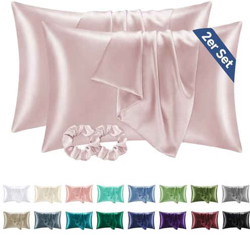 BEDELITE Satin Kissenbezug 2er Set 40x60 Altrosa | Seidenkissenbezug Alternative, Weich für Sommer, 2 Haargummis inklusive, für Haar und Haut