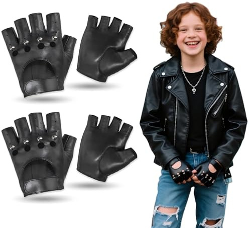 YCZARD Lot de 2 paires de mitaines punk en cuir synthétique pour enfants, gants de motard gothiques ajourés, élégants et cloutés, gants de costume punk, pour cosplay, Halloween, performance pour