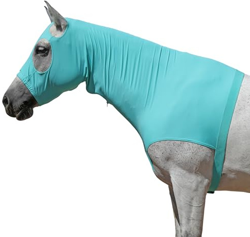 Leberna Horse Stretch Hood Without Ears Snug Fitting Hood with Zip Closure Covers Face, Shoulders, Mane, Chest and Withers Perfect for Show/Event Preparation (Turquoise Green, L)
