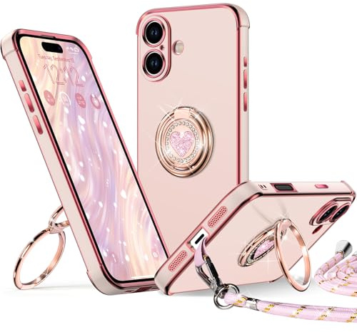 XYZ für iPhone 17 Hülle mit Band, Herzen Doppelring Ständer HandyHülle Handykette Frauen Mädchen Dünn Stoßfeste Anti-Kratzt SchutzHülle für iPhone 17 Case, Rosa