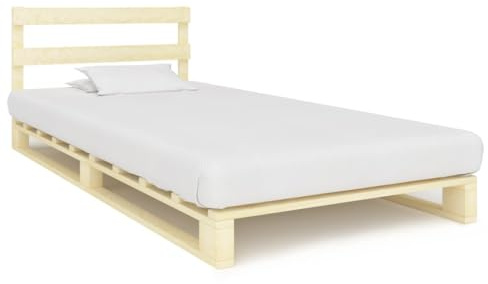 Qnhdfrt Palettenbett Massivholz Kiefer 90x200 cm Natur Bettgestell mit Kopfstütze Robustes Holz Bett Rahmen für Schlafzimmer Gästebett oder Jugendbett