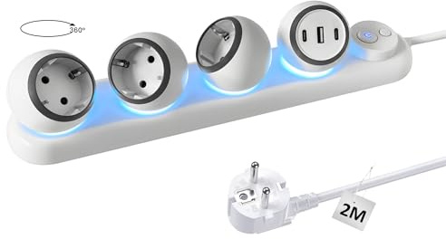 Treibo 360 Grad Drehbare Steckdosenleiste 3-Fach Steckerleiste mit 2 USB-C und LED Licht, Mehrfachsteckdose Wandmontage mit Schalter und 2M Verlängerungskabel