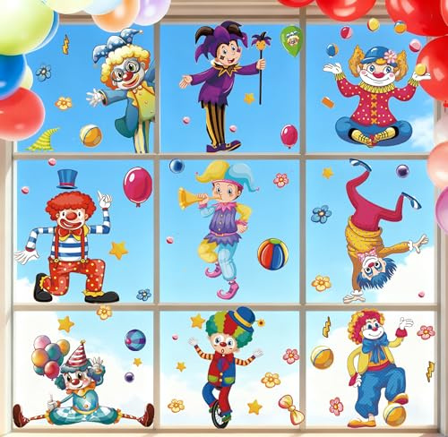 Clown Fensterbilder Karneval Selbstklebend 9 tlg Karneval Deko Fenster | Fensterbilder fasching Mehrfach Anbringbar, Rückstandslos Ablösbar, Beidseitig Bedruckt – für Karneval Party und Kinderzimmer