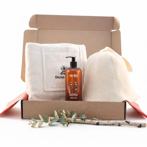 SAUNA GURU Sauna Geschenkset für Herren – Saunahut & Sauna Kilt Handtuch aus Naturmaterialien mit pflegendem Duschgel – Sauna Zubehör Set für Entspannung, Pflege & Wellness – Geschenk für Ihn