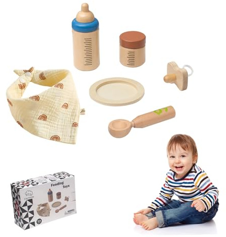 Baby Doll Feeding Set Realistic Wooden Baby Doll Feeding Accessories with Spoon, Section Plate, Milk Bottle and More, Accesso