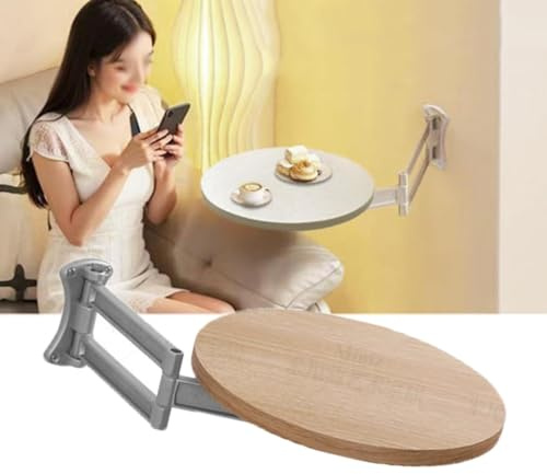 ZIUSFAC Wandklapptisch Runder Tabletttisch Kleiner Massivholz Klapptisch Schwebender Schreibtisch Ausziehbar Betttisch Für Snacks Handy Fernbedienung(Silver+Wood)
