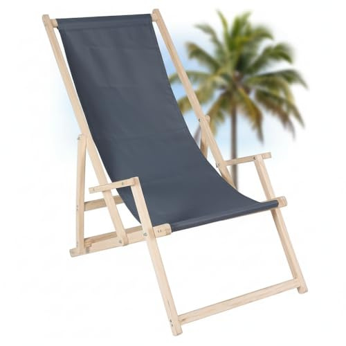 Mucola Strandstuhl Sonnenliege klappbar verstellbar mit Armlehnen Anthrazit | Lehne 3-fach einstellbar, UV-beständiger Polyester-Bezug, Rahmen aus Kiefer, geringes Gewicht, faltbar, Garten, Camping