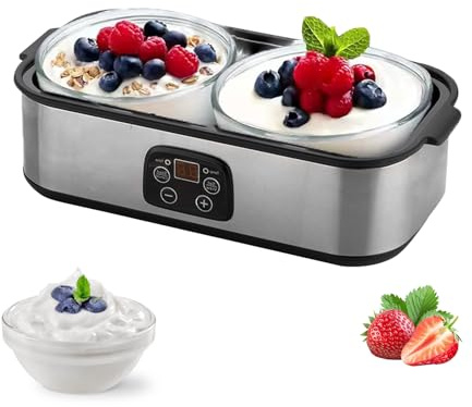 2000ml Automatic Yogurt Maker Machine - Electric Yoghurt Maker with 2 Glass Jars, Adjustable Temperature & 48H Timer, LED Display, Stainless Steel Greek Yoghurt Maker for Home Use (A)