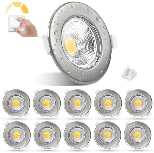HiBay 10er Set LED Einbaustrahler 230V dimmbar IP44, 7W COB Spot gebürstet Edelstahl, 600lm Warmweiß 3000K, Lochmaß 65-85mm, für Badezimmer Küche Wohnzimmer