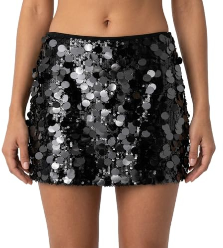 Damen Glitzer Rock, Schwarz Pailletten Glitzer Minirock, Sexy Micro Rock für Damen, Elastische Taille Skirt, Paillettenrock Mini