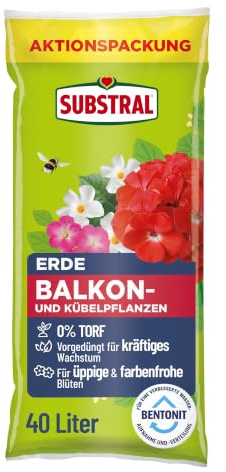 Substral Balkon & Kübelpflanzenerde 40L torffrei mit Langzeitdünger | Mit Bentonit zur Speicherung von Wasser und Nährstoffen | Torffrei | Gleichmäßige Verteilung der Nährstoffe im Substrat