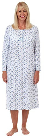 Marlon Women's Jessica Nightie - Classic Long Sleeve Jersey Nightdress For Cosy All-Year Comfort & Easy Dressing with Short Buttoned Opening, Blue (Blue 001), 18 (Size:16/18)
