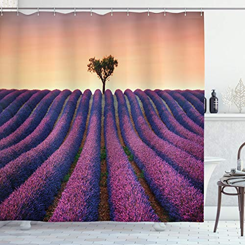 ABAKUHAUS Blumen Duschvorhang, Lavendel-Blumen-Feld, Stoffliches Gewebe Badezimmerdekorationsset mit Haken, 175 x 200 cm, Lila Lavendel