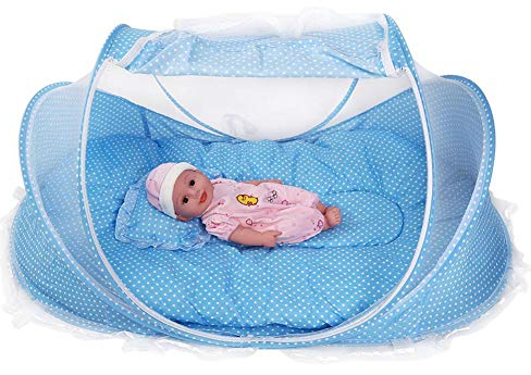 Acouto Reisebett Baby, Moskitonetz Zelt für Babys 4 Stück, tragbare und Faltbare Design, Es Wird mit Einer Matratze, einem Kopfkissen und einem kleinen Spielzeug zum Spielen geliefert(蓝色)