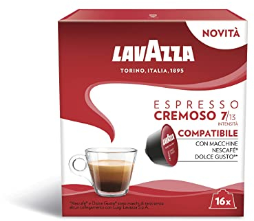Lavazza, Espresso Cremoso, 96 Cápsulas Compatibles con Máquina Nescafé Dolce Gusto, con Notas Aromáticas de Chocolate y Frutos Secos, Arábica y Robusta, Intensidad 7/13, Tueste Medio, 6 x 16 Cápsulas