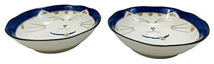 JapanBargain, Japanese Porcelain Shallow Soup Bowl for Dinner Lunch Rice Poke Donburi Udon Ramen Noodle Pasta Cereal Maneki Neko Lucky Cat Pattern for Cat Lovers Made in Japan, Blue (2, 6.75-inch)