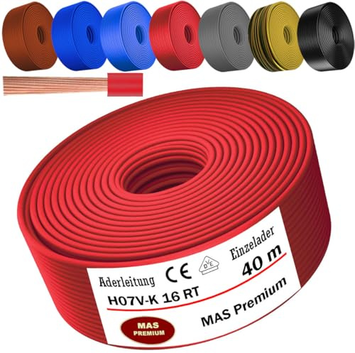 MAS Premium Da 5 a 100 m Cavo conduttivo H07 V-K 16 mm² Nero Marrone Blu scuro Verde Giallo Grigio Azzurro Arancione o Rosso Filo flessibile singolo (rosso, 40 m)