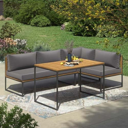 OUTLIV Floris Dininglounge 3tlg. aus Stahl/Akazie Sitzecke in Schwarz/Grau/Akazie, Outdoor Gartenlounge Set