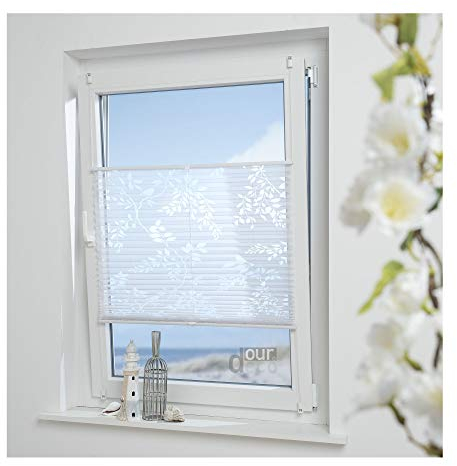 ourdeco® Plissee Ausbrenner / 80 x 210 cm (Breite x Höhe) / Farbe: weiß; lichtdurchlässig, Motiv Ranke Blatt/Klemmen, Montage ohne zu Bohren, Klemmfix-Plissee, Easy-to-fix