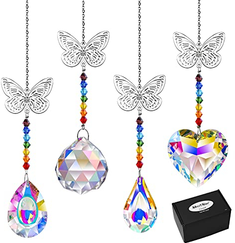 MerryNine Lot de 4 attrape-soleil en cristal coloré en forme de cœur, pipa/longan/boule de prisme en cristal + pendentif papillon pour rebord de fenêtre, voiture, prisme en cristal à suspendre au mur