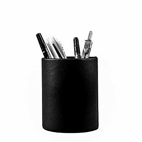 Fosinz Pot à crayons rond en cuir synthétique pour la maison, le bureau, l'école (noir)