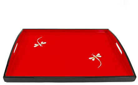 Art Saigon Plateau en Bois Laqué Rouge et Noir “Symbole Libellule”, Fait Main, L37 x 26cm - Plateau de Service avec Poignée - Artisanat du Vietnam et Déco Asiatique (S39-4975-37)