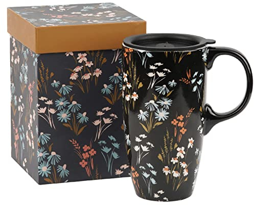 DUSVALLY Ceramic Mug Tall Coffee Cup with Lid, Handle and Gift Box Latte Mug,17oz.Flower