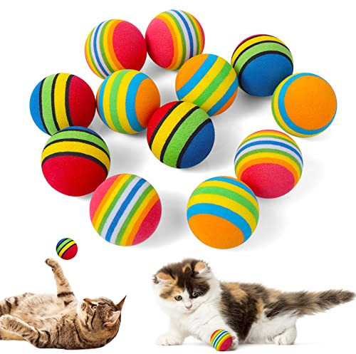 TIESOME Regenbogen Katzenball, 12 Stück 3.5 cm weicher Katzenball Interaktives Kätzchen Spielzeug Regenbogen Katzenbälle Bunte Schaumstoffbälle für Haustiere,Spielendes Kau-Übungsspielzeug