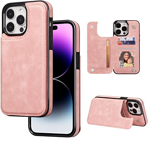 ZTOFERA Compatible with iPhone 14 Pro Max Phone Case, Premium PU Leather Flip Wallet Matte Back Case with Card Holder Magnetic Clasp Stand View Shockproof Soft TPU Back Cover, Rose Gold