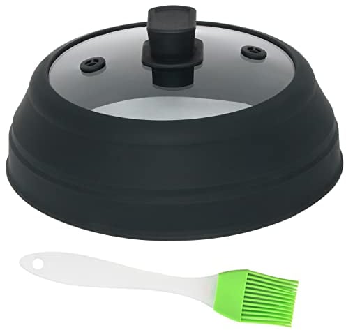 Couvercle anti-éclaboussures pour micro-ondes avec poignée facile à prendre en main en verre trempé et silicone résistant à la chaleur Noir 22,9 cm