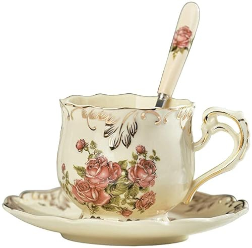 Pastorale Rose Bone China Tee Tasse Untertasse Löffel Set Europa Porzellan Kaffeetasse 200 ml Tasse Tablett Cafe Tumbler Party Drinkgeschirr (Tasse, Untertasse und Löffel, B)