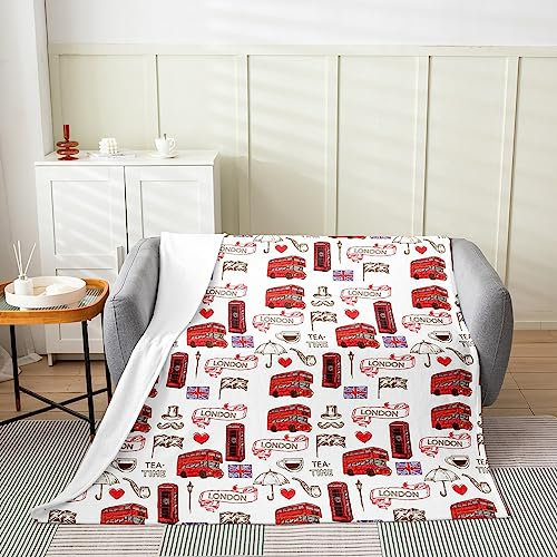 Britische flauschige Decke, Überwurf, 127 x 152,4 cm, London, Urban Flanell, Fleece-Überwurf, Decke für Sofa, Couch, Dekoration, roter Bus, Ganzjahres-Bettdecke, ultraweiche England-Flagge,