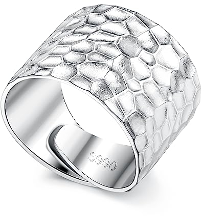 KRFY Anillos de Plata de Ley 925 para Mujer Anillo de Banda Ajustable Ancho Hecho a Mano Anillo de Cúpula Hecho a Mano Pulido Alto Anillo de Banda Martillado para Mujer Hombre Ajustable