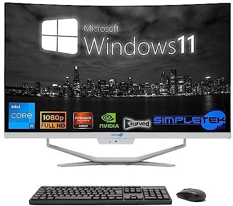 SIMPLETEK – Ordinateur tout-en-un 27 incurvé | Processeur Intel i5 10 Gen | Carte vidéo GT710 1 Go | Windows 11 | 16 Go RAM 480 Go SSD | Idéal pour les graphiques, les jeux, le travail
