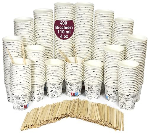gobecups 400 Espresso Pappbecher Einweg Papierkarton 110 ml 4 oz mit Holzrührstäbchen. Einweg-Kaffeebecher mit Holzrührstäbchen für Hochzeit zu Hause, große Kommunion, Familienfest und Treffen